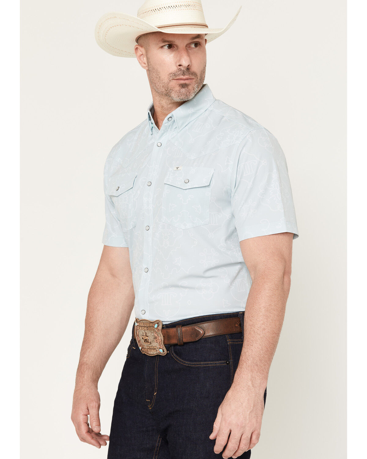 Image #2 - Ferrell Men's Carson Tek Bandana Print Short Sleeve Pearl Snap Stretch Western Shirt, Mint, hi-res
