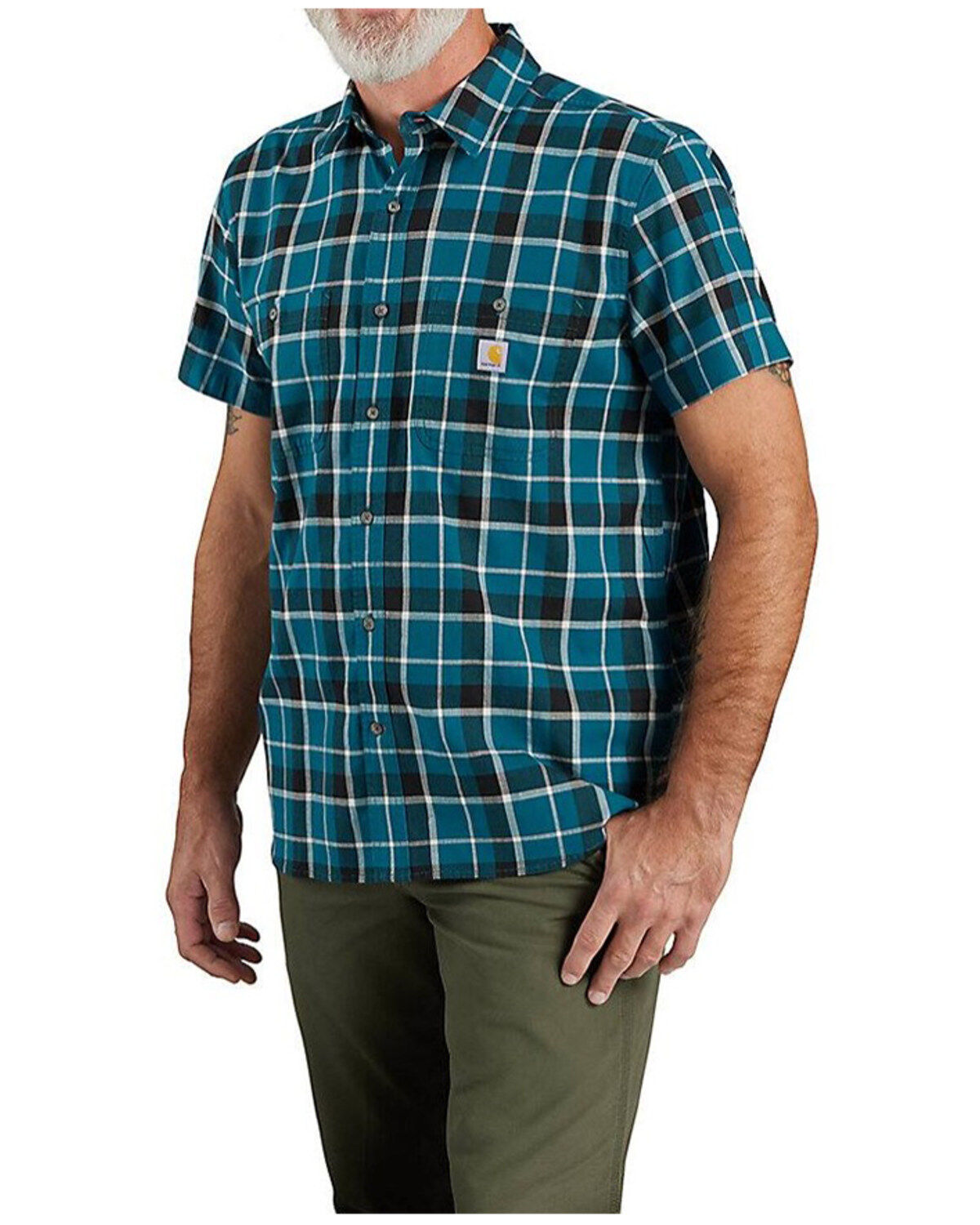 Image #1 - Carhartt Men's Rugged Flex&reg; Relaxed Fit Lightweight Plaid Print Short Sleeve Button-Down Stretch Work Shirt, Navy, hi-res