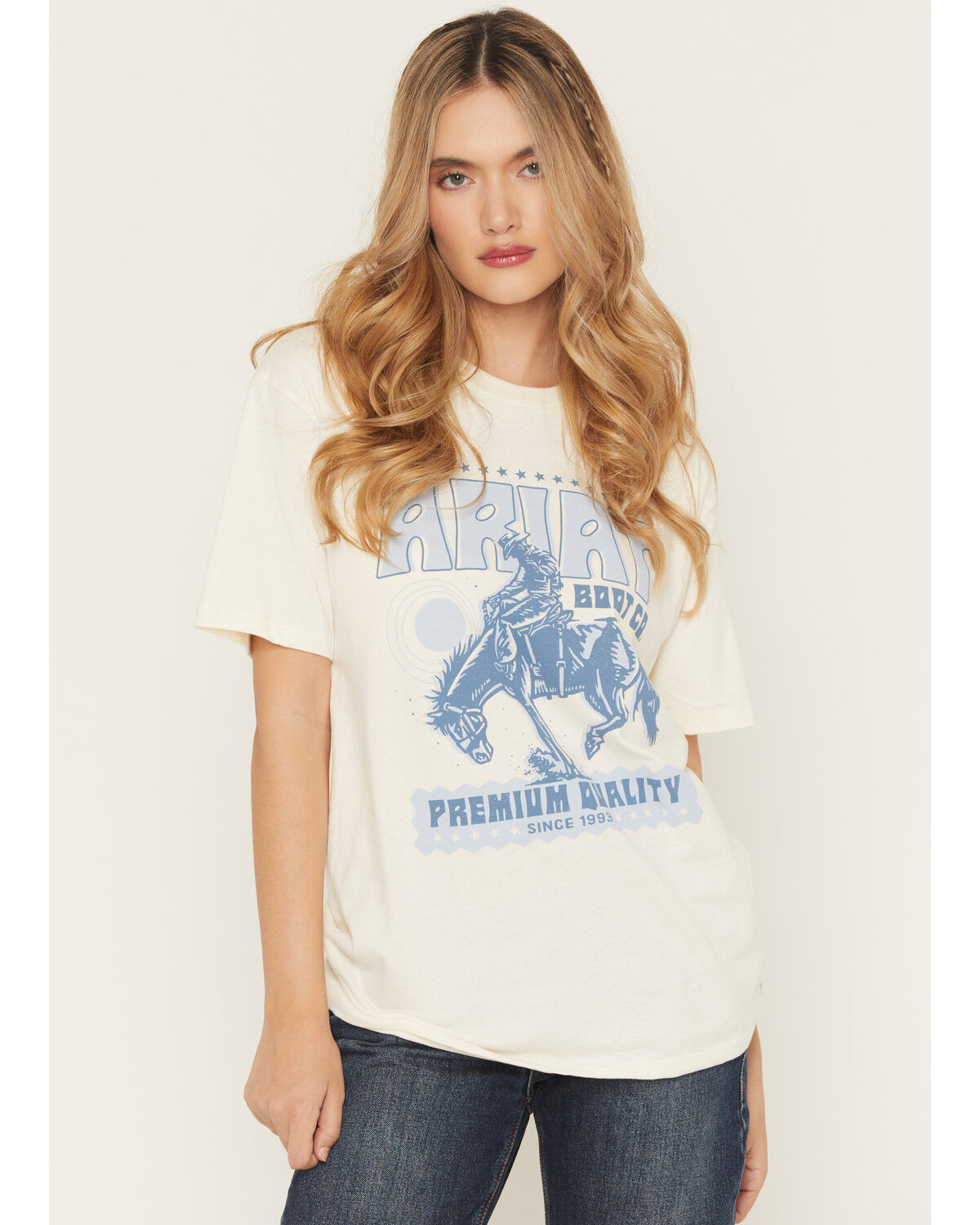 Image #1 - Ariat Women's Retro Bronco Boyfriend Fit Short Sleeve Graphic Tee, Natural, hi-res