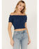 Image #1 - Cleo + Wolf Women's Knit Eyelet Smocked Crop Top, Navy, hi-res