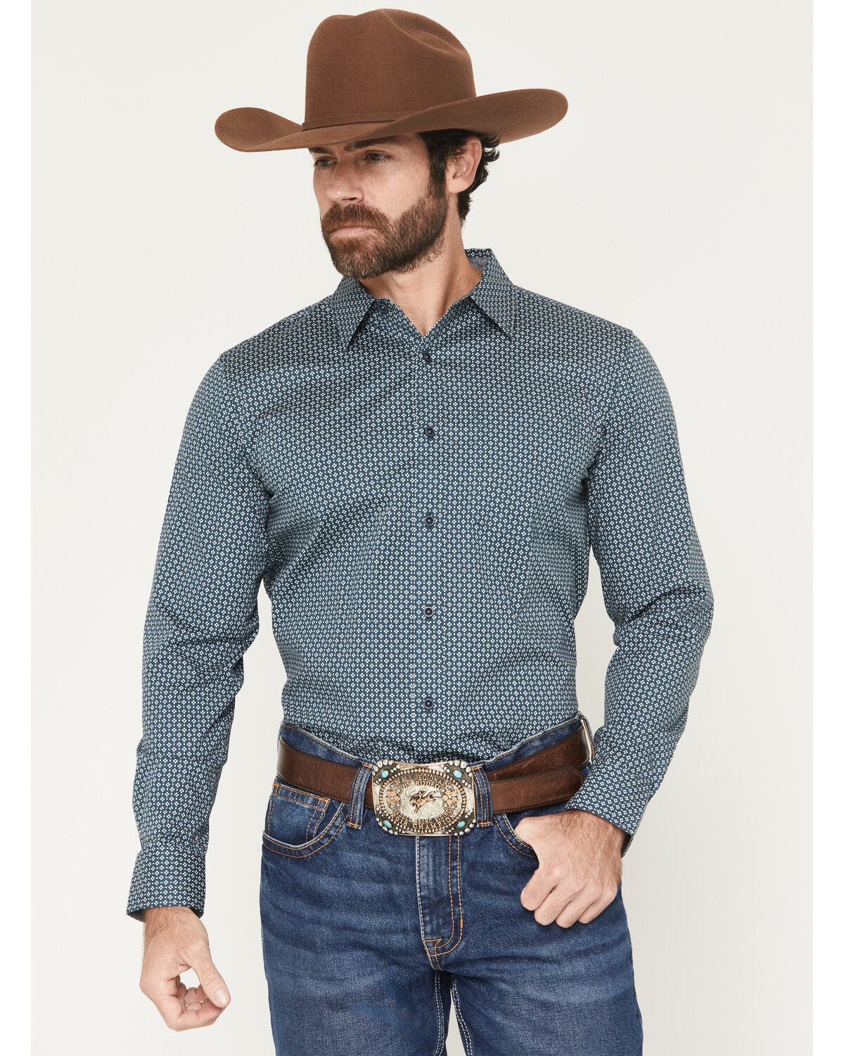 Image #1 - Cody James Men's Bourbon Geo Print Long Sleeve Button-Down Stretch Western Shirt - Tall, Navy, hi-res