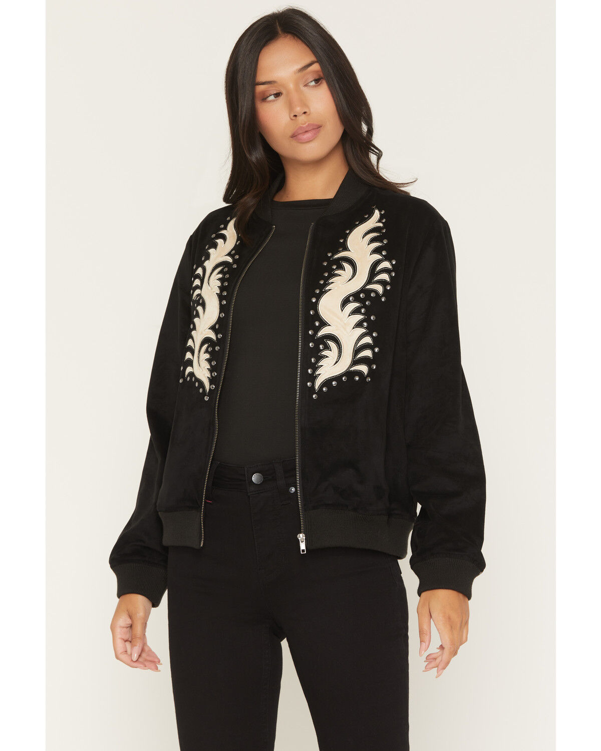 Rock & Roll Denim Women's Microsuede Studded Bomber Jacket, Black, hi-res