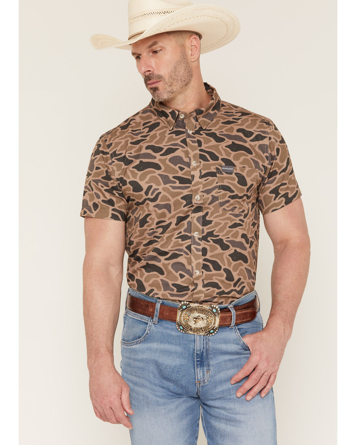 Image #1 - Burlebo Men's Camo Print Short Sleeve Button-Down Western Shirt, Camouflage, hi-res