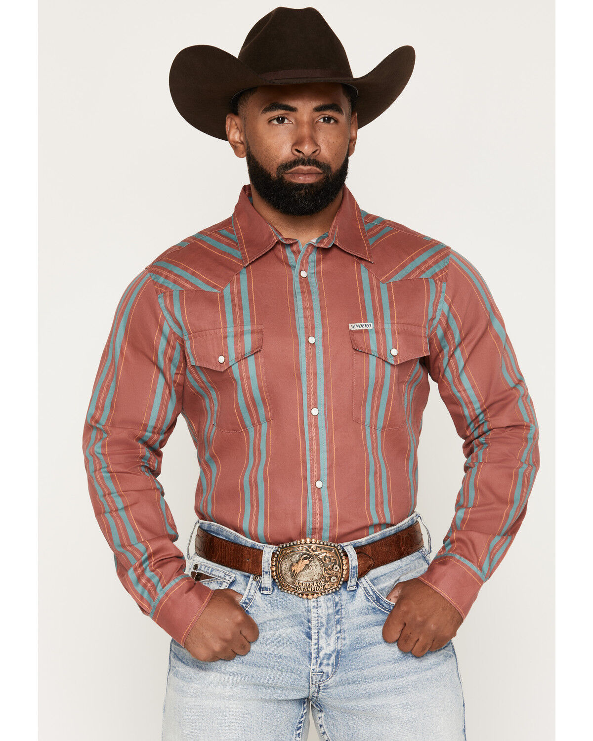 Sendero Provisions Men's Wyatt Stripe Print Long Sleeve Snap Western Shirt, Pink, hi-res