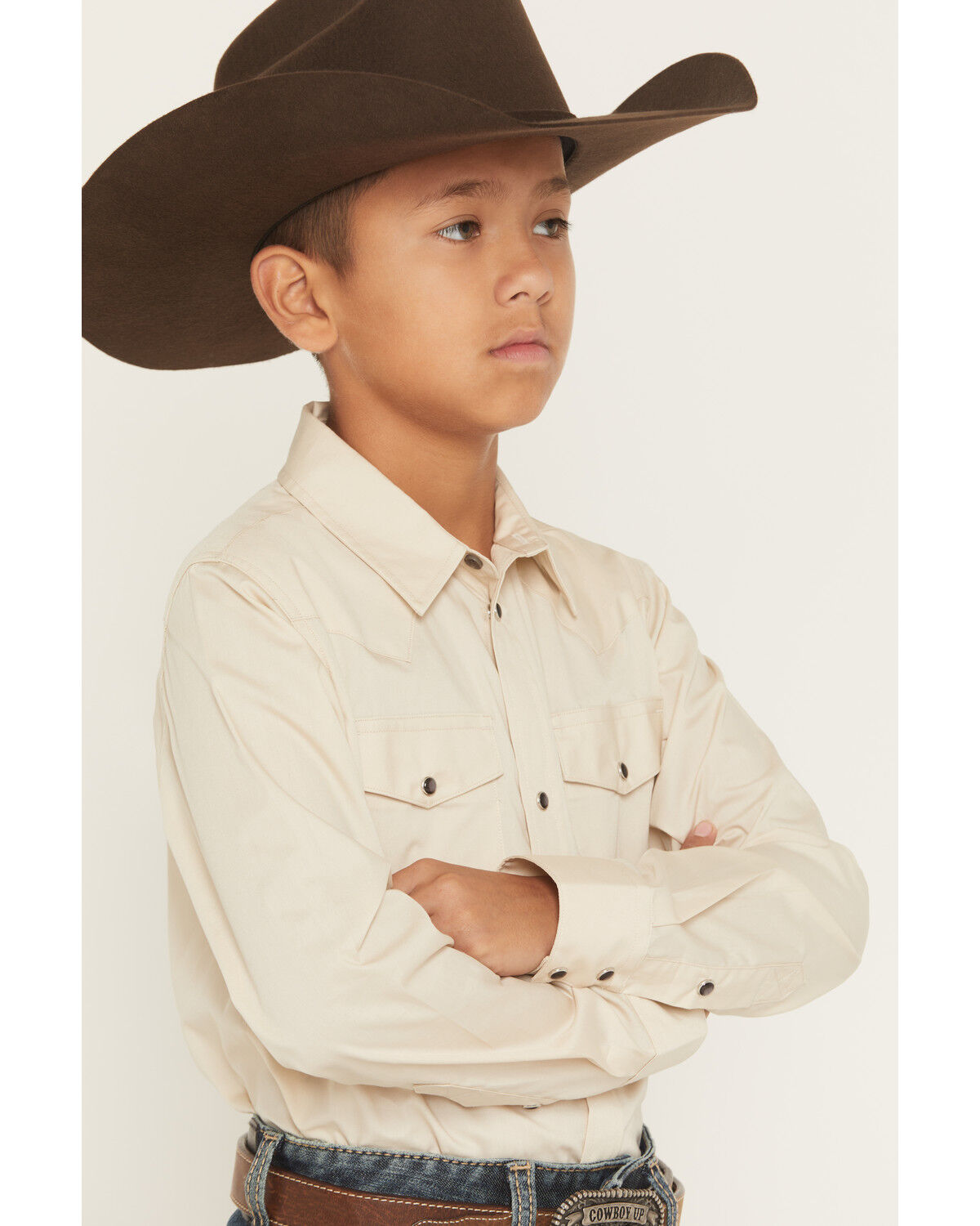 Image #2 - Gibson Trading Co Boys' Solid Basic Long Sleeve Pearl Snap Western Shirt, Tan, hi-res