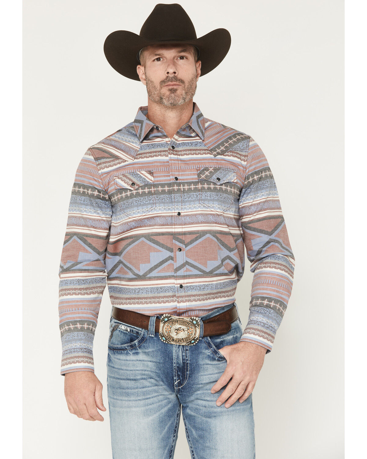 Image #1 - Cody James Men's Mountain Ranger Southwestern Striped Long Sleeve Snap Western Shirt, Burgundy, hi-res