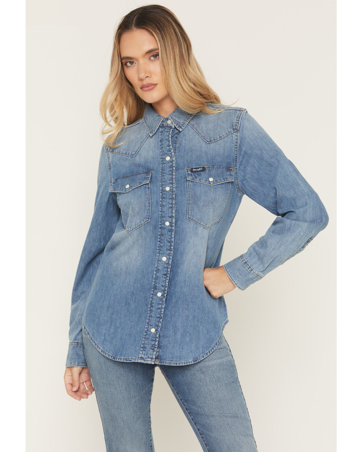 Wrangler Women's Light Wash Long Sleeve Snap Denim Shirt, Light Wash, hi-res