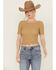 Image #1 - Sadie & Sage Women's Smocked Cropped Tee , Taupe, hi-res