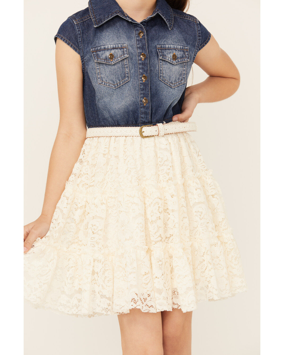 Image #3 - Shyanne Girls' Belted Denim Lace Mini Dress, Cream, hi-res