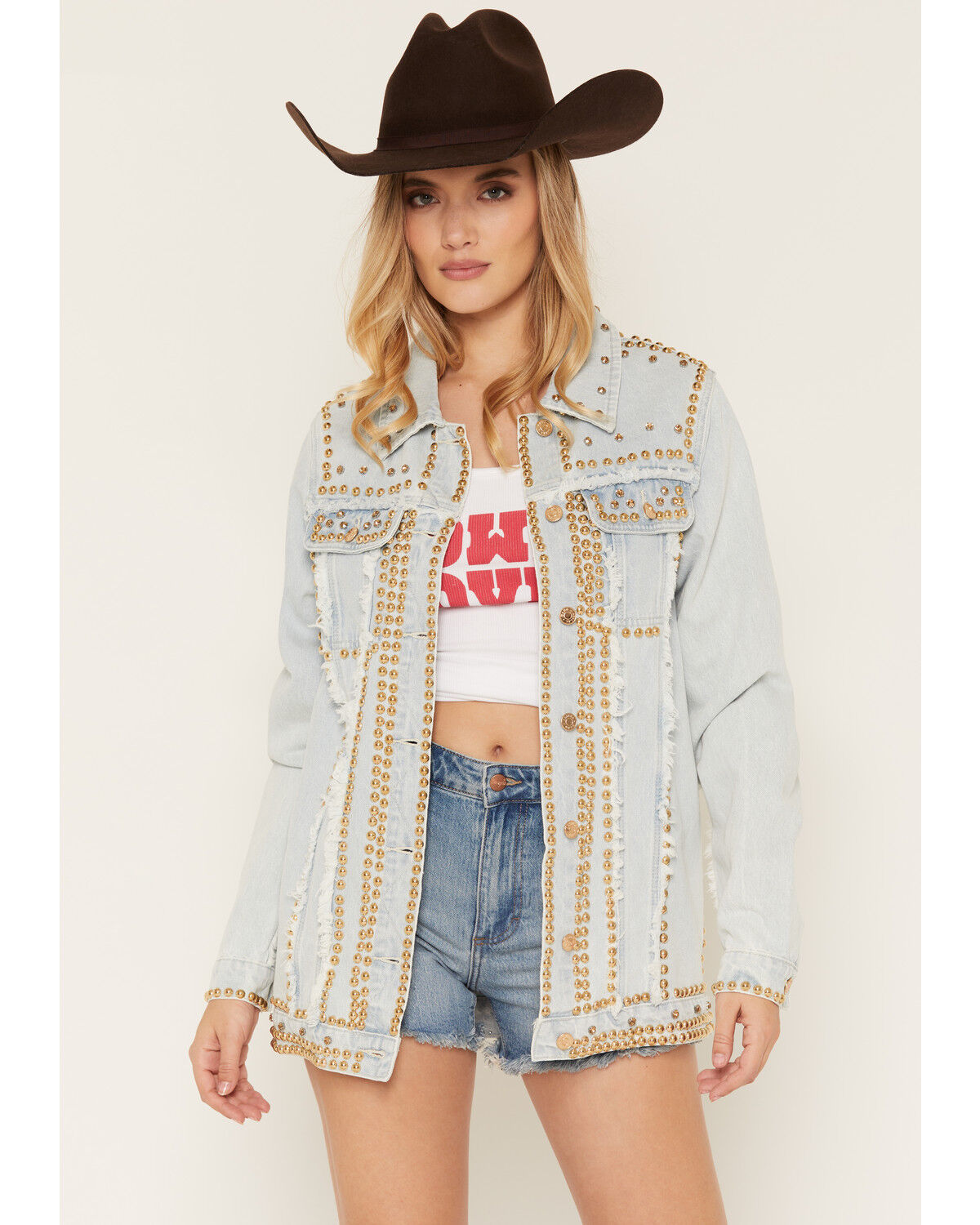 Image #1 - Azalea Wang Women's Light Wash Studded Button-Down Denim Jacket, Light Wash, hi-res
