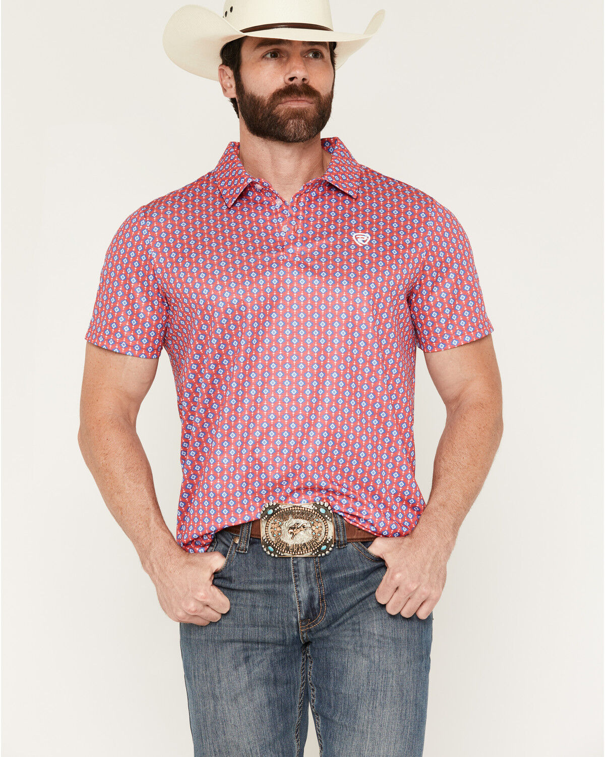 Rock & Roll Denim Men's Southwestern Print Short Sleeve Button-Down Polo, Hot Pink, hi-res