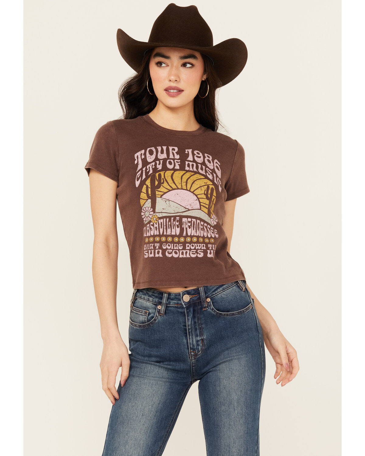 Image #1 - Cleo + Wolf Women's Auggie Short Sleeve Boxy Graphic Tee, Brown, hi-res