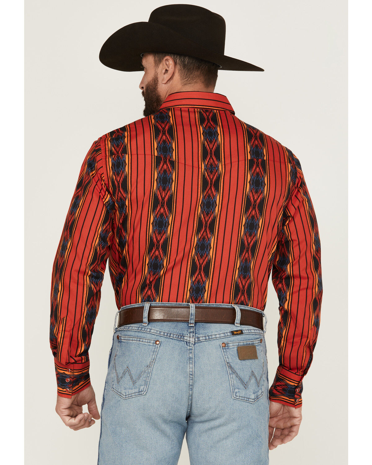 Image #4 - Wrangler Men's Checotah Southwestern Striped Print Long Sleeve Pearl Snap Western Shirt, Red, hi-res