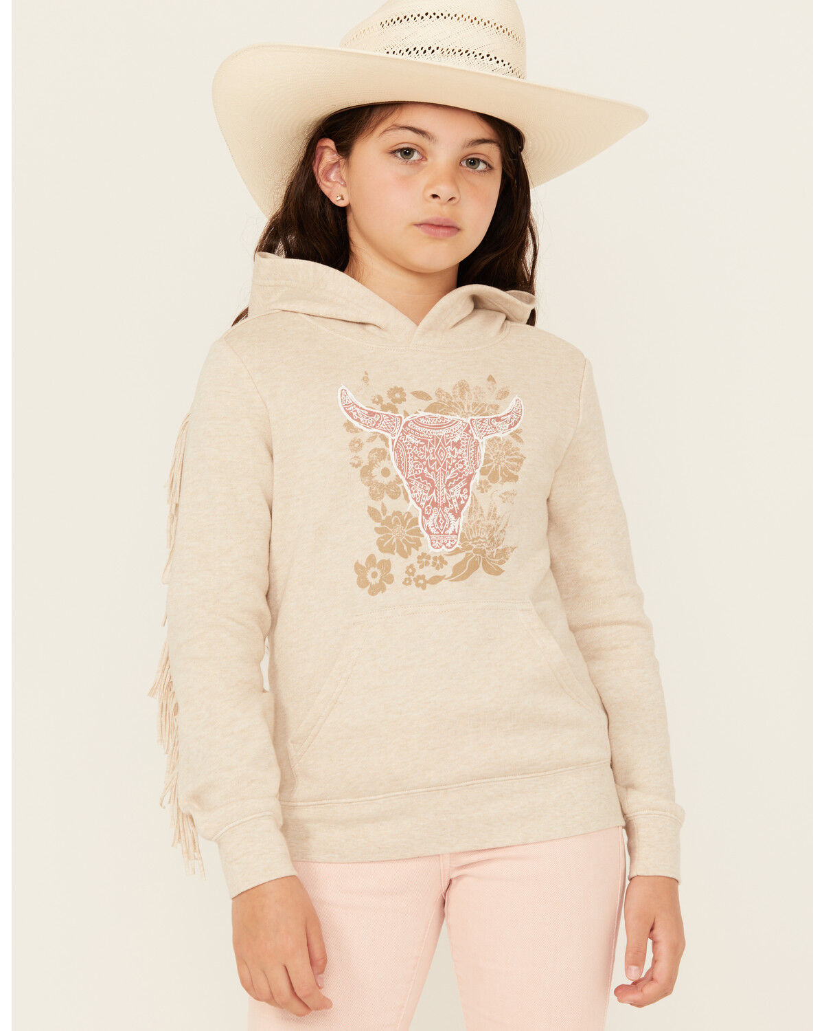 Shyanne Girls' Birch Fringe Graphic Fleece Hoodie, Beige, hi-res