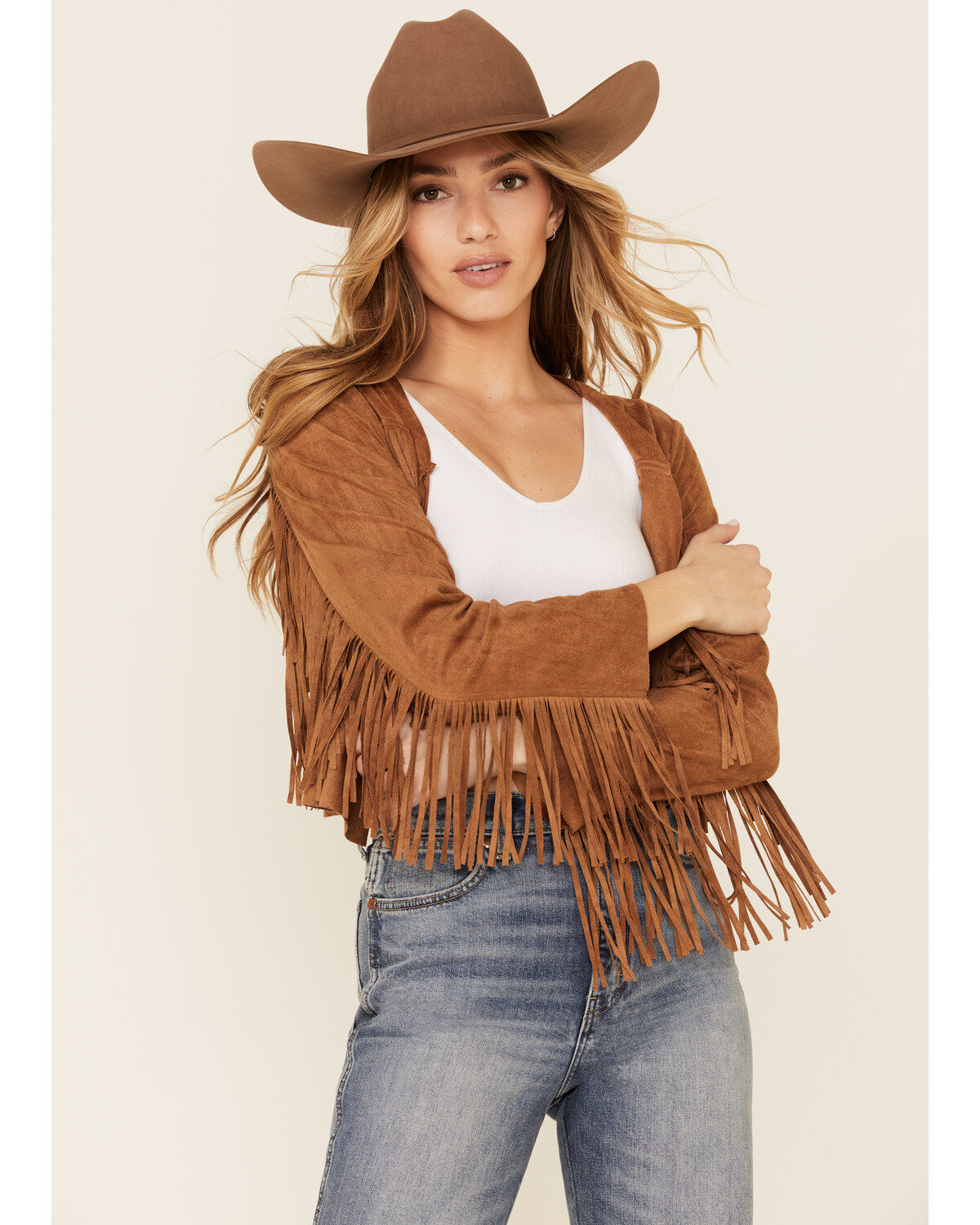 Image #1 - Vocal Women's Faux Suede Western Fringe Jacket, Camel, hi-res