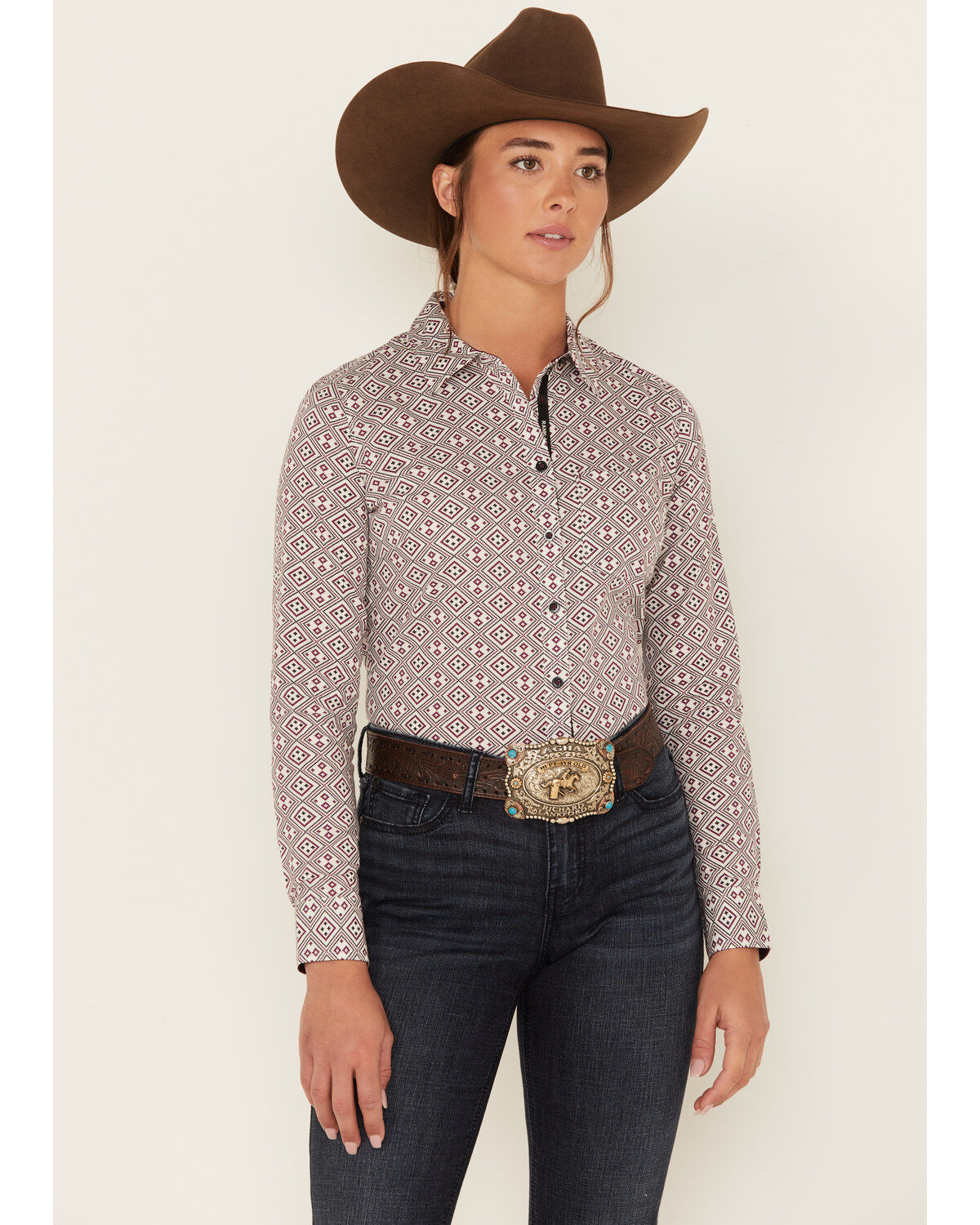 Image #1 - RANK 45&reg; Women's Geo Print Long Sleeve Button-Down Stretch Riding Shirt, Ivory, hi-res
