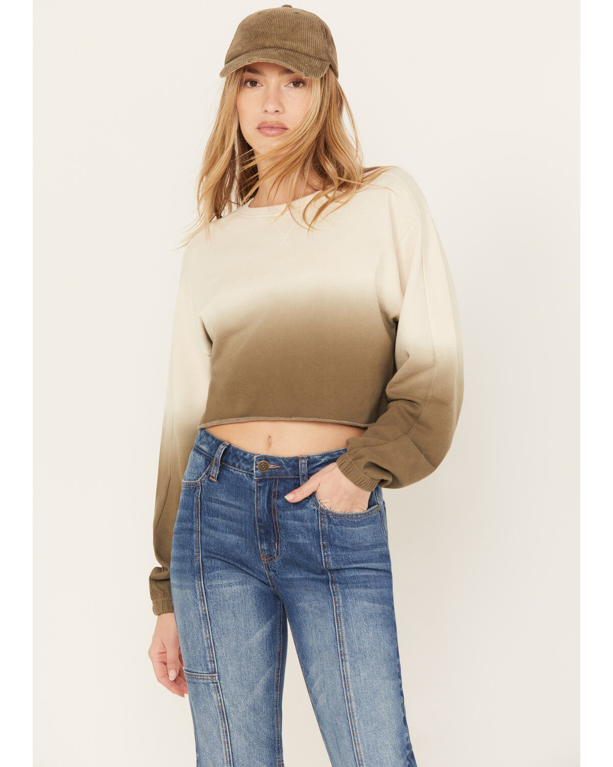 Cleo + Wolf Women's Ombre Cropped Dolman Sweatshirt, Sage, hi-res