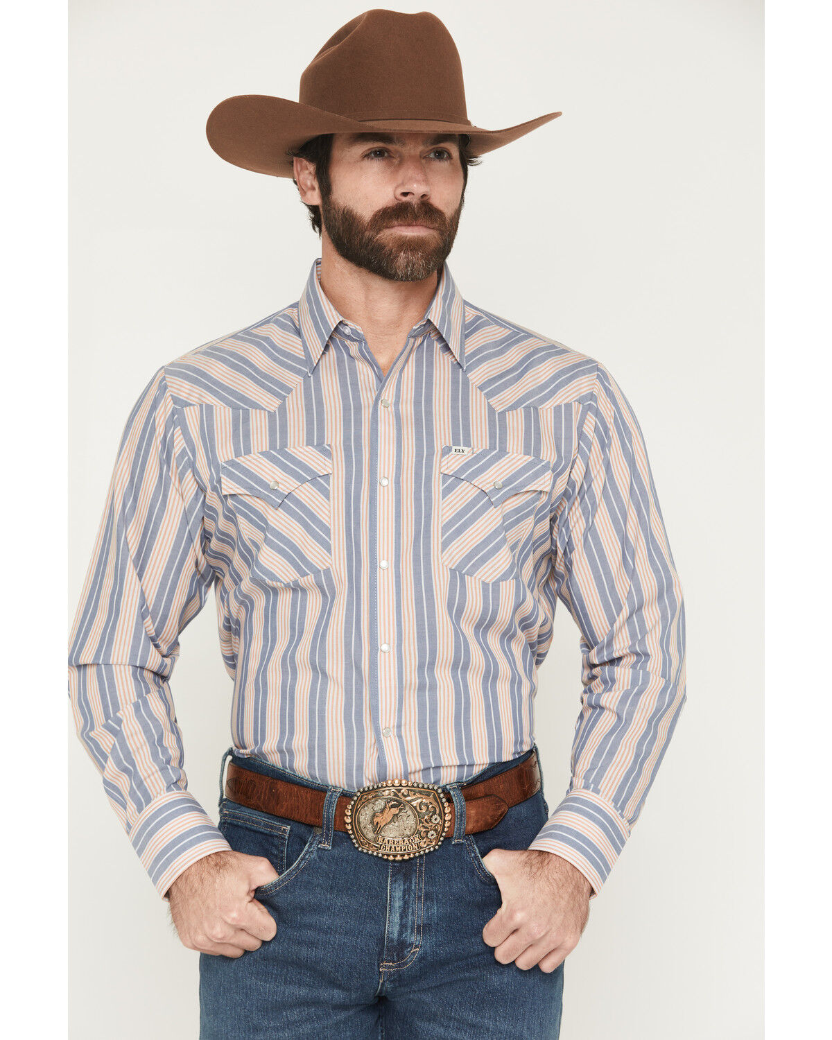 Image #1 - Ely Walker Men's Striped Long Sleeve Pearl Snap Western Shirt, Navy, hi-res