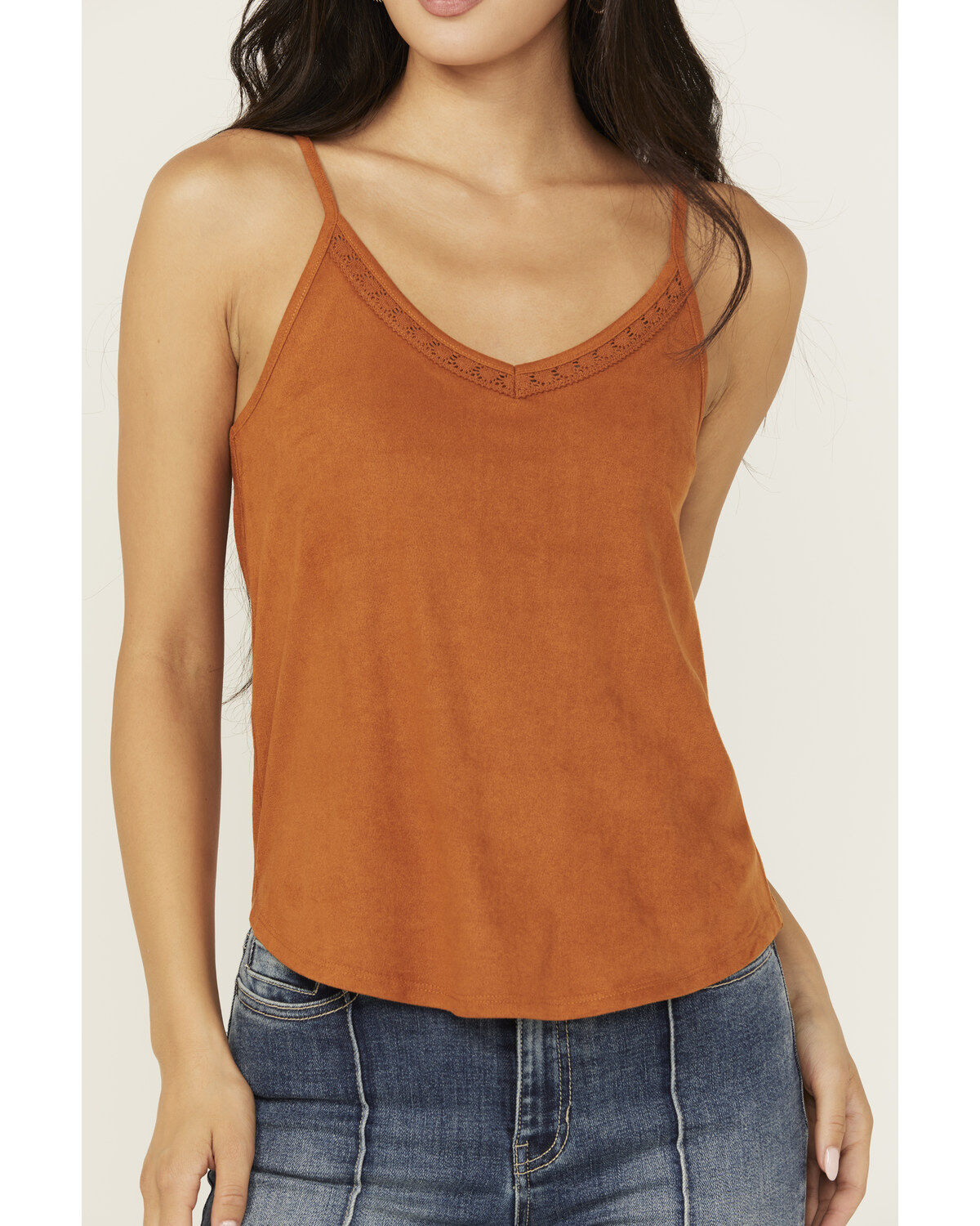 Image #3 - Shyanne Women's Crochet Lace Faux Suede Cami Top, Caramel, hi-res