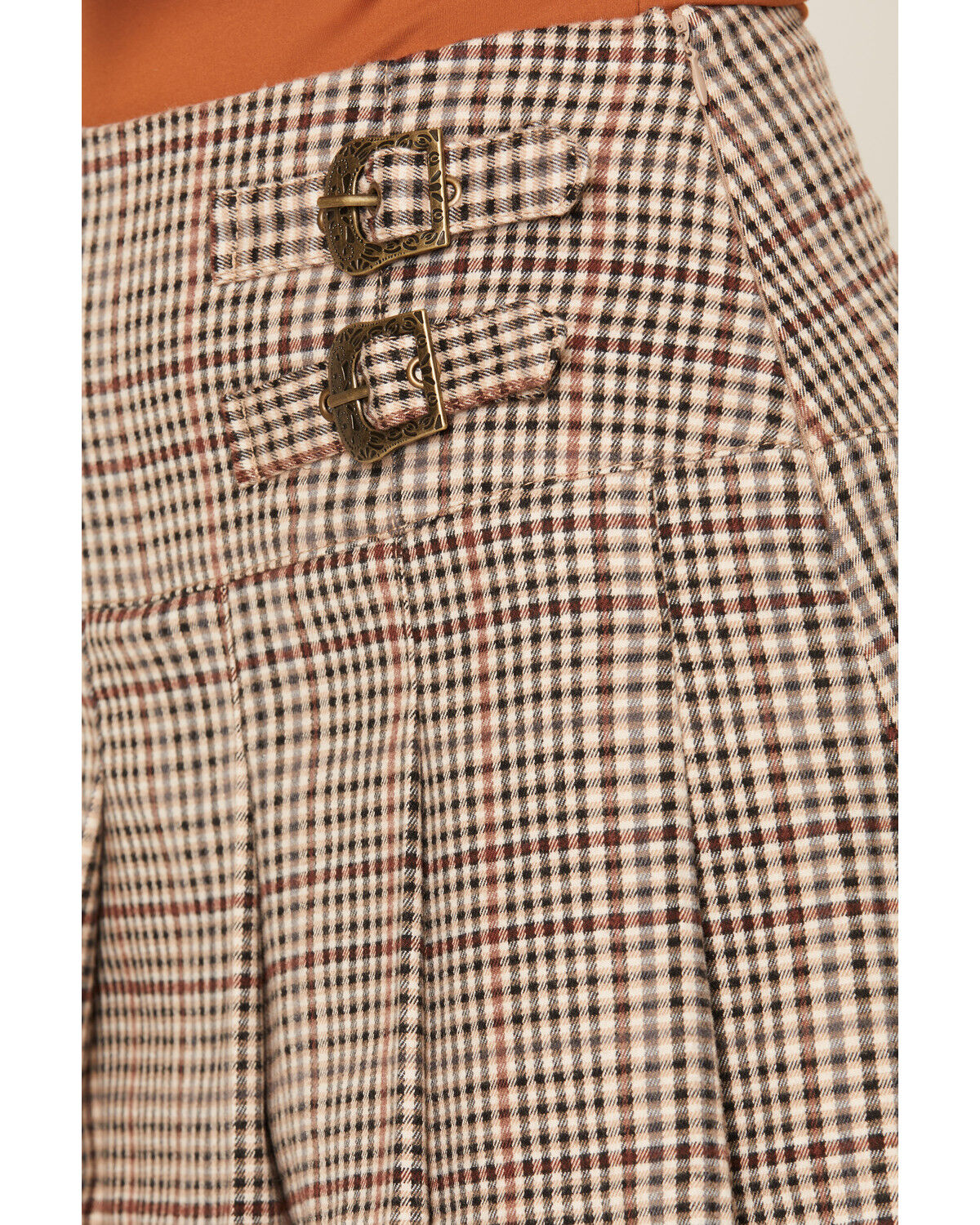 Image #2 - Ashley Women's Boot Barn Exclusive Plaid Print Pleated Mini Skort, Black/tan, hi-res
