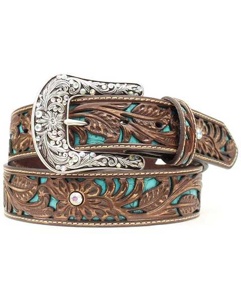 Image #1 - Ariat Women's Turquoise Inlay Floral Tooled Belt, Brown, hi-res