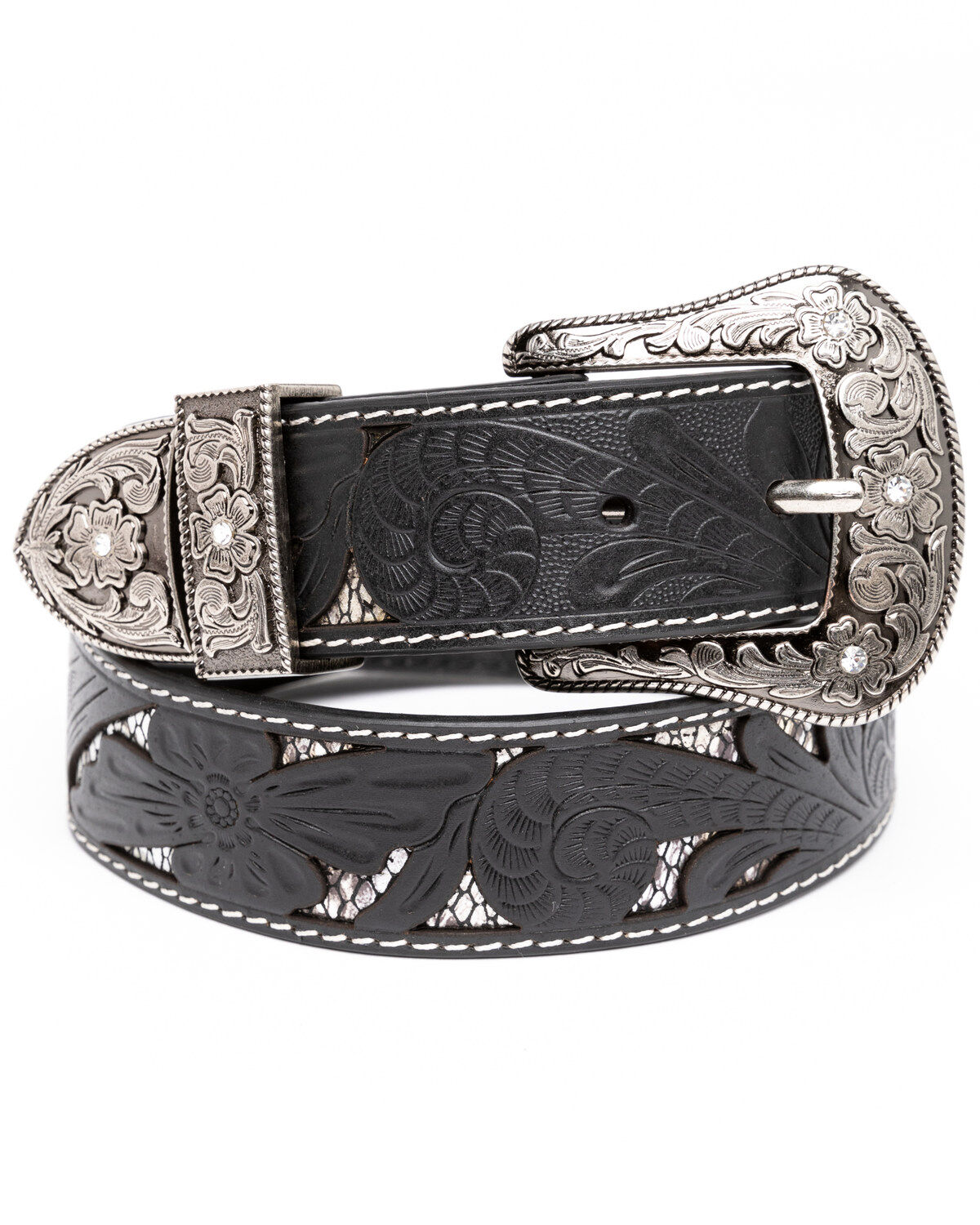 Shyanne Women's Tooled Floral Cut Out Underlay Western Belt, Black, hi-res
