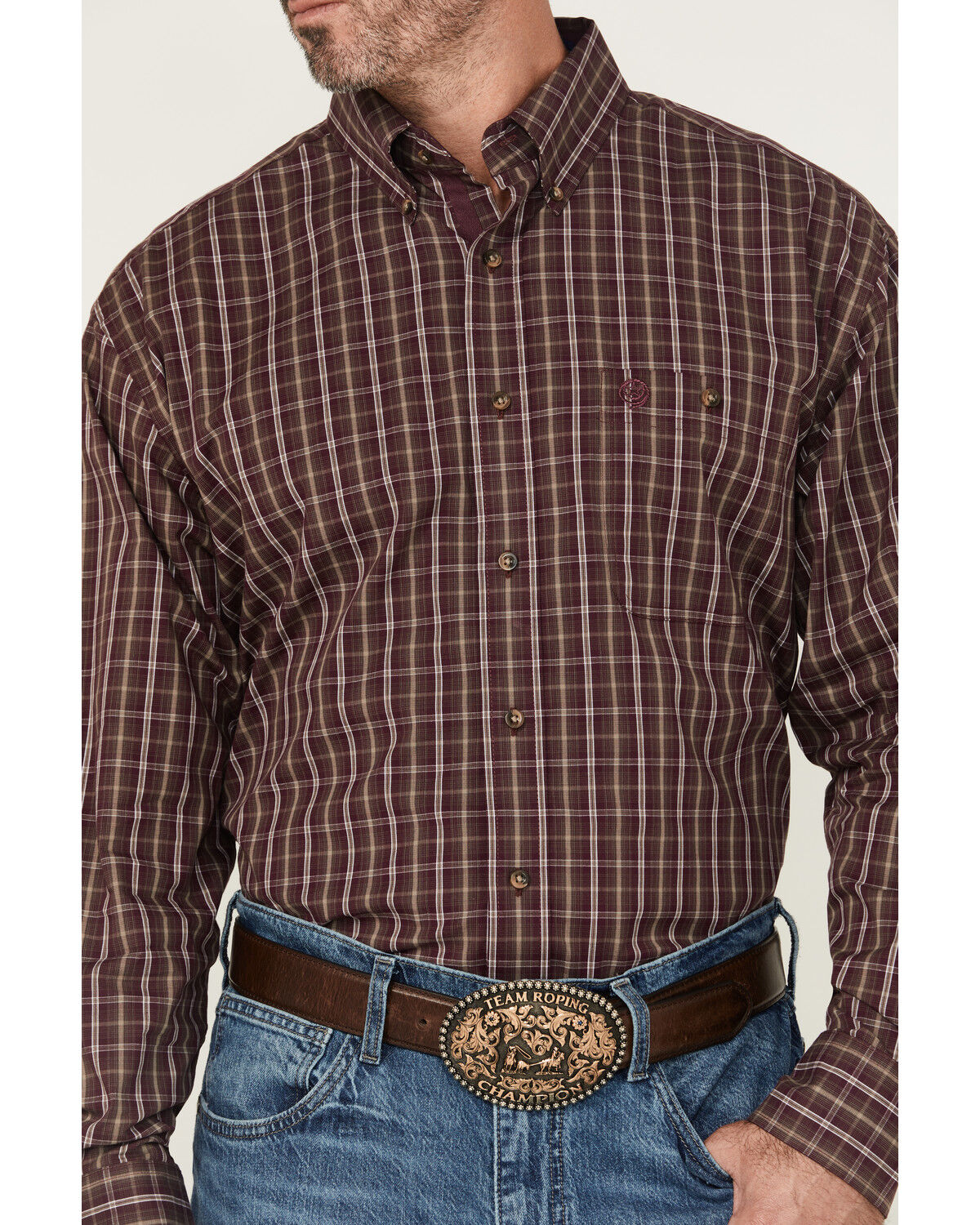 Image #3 - George Strait by Wrangler Men's Plaid Print Long Sleeve Button-Down Stretch Western Shirt, Burgundy, hi-res