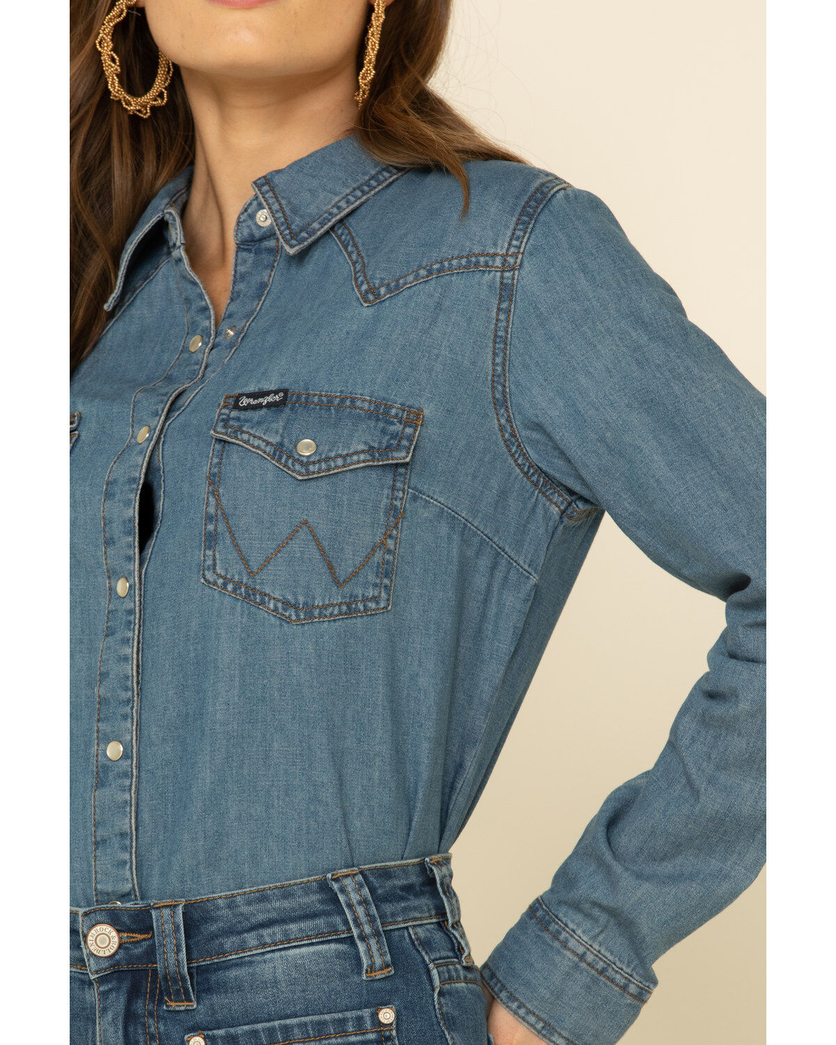 Image #3 - Wrangler Women's Medium Denim Snap Long Sleeve Western Shirt, Blue, hi-res