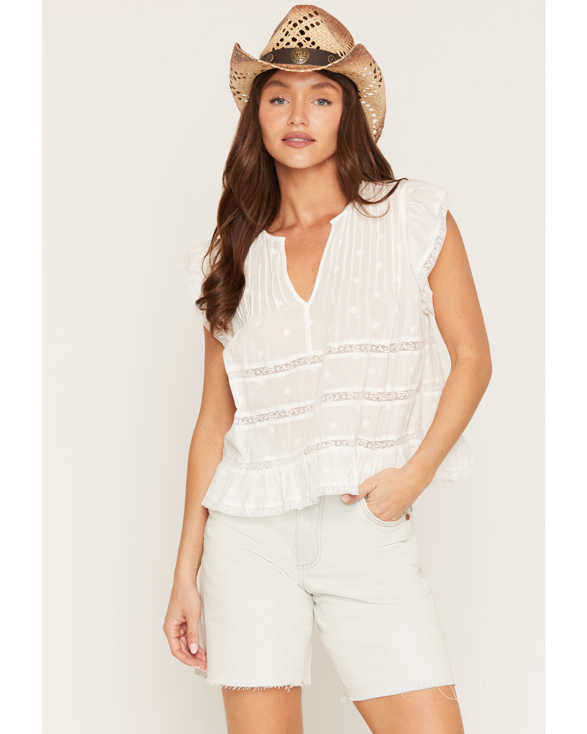 Image #1 - Lovestitch Women's Solid Pleated Lace Short Sleeve Shirt, White, hi-res