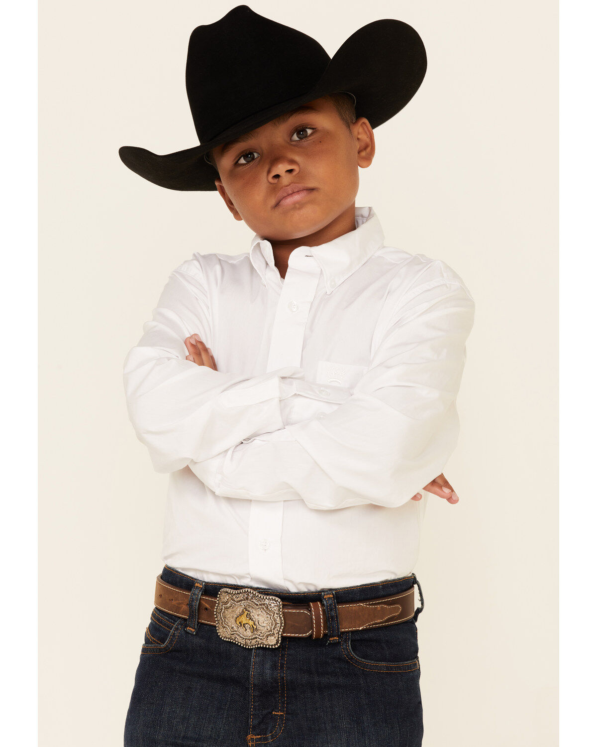 Cinch Boy's Solid Long Sleeve Shirt, White, hi-res