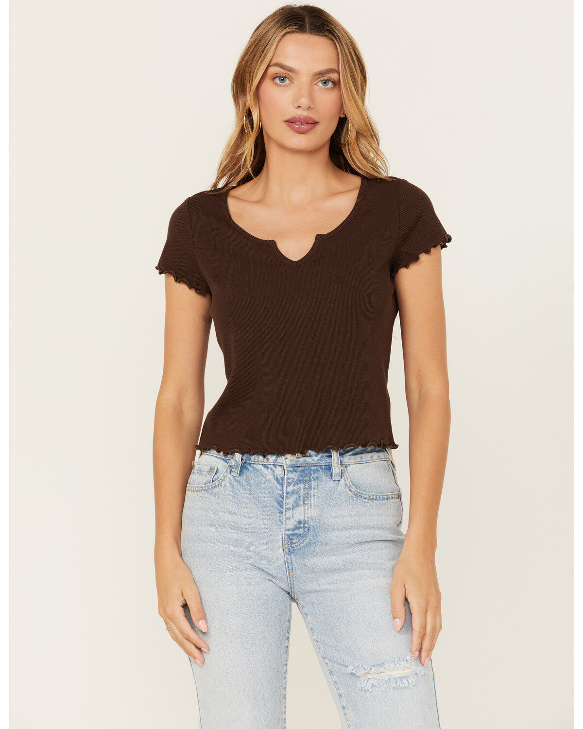Cleo + Wolf Women's Ribbed Baby Tee, Chocolate, hi-res