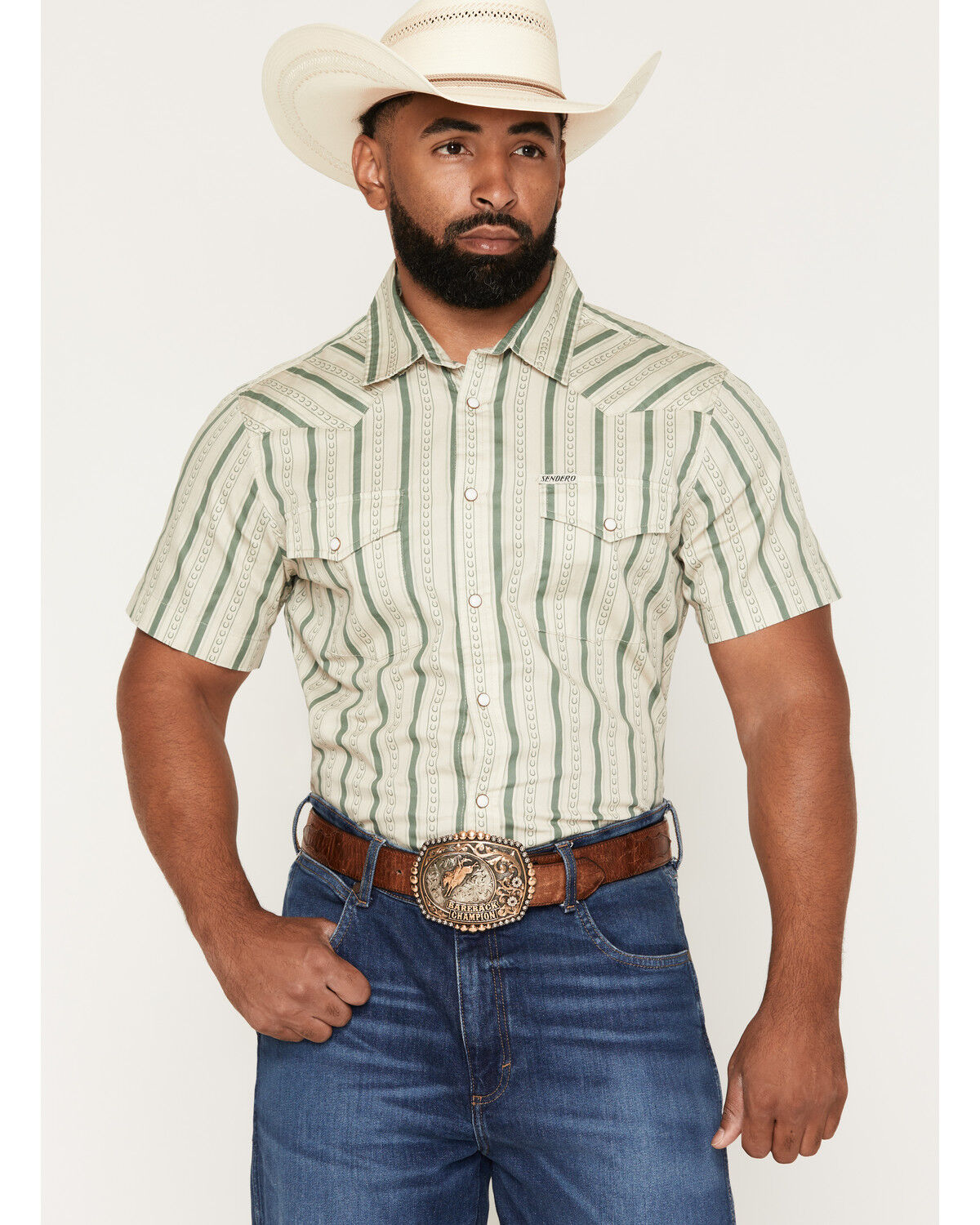 Sendero Provisions Men's Wyatt Horseshoe Stripe Print Short Sleeve Snap Western Shirt, Oatmeal, hi-res