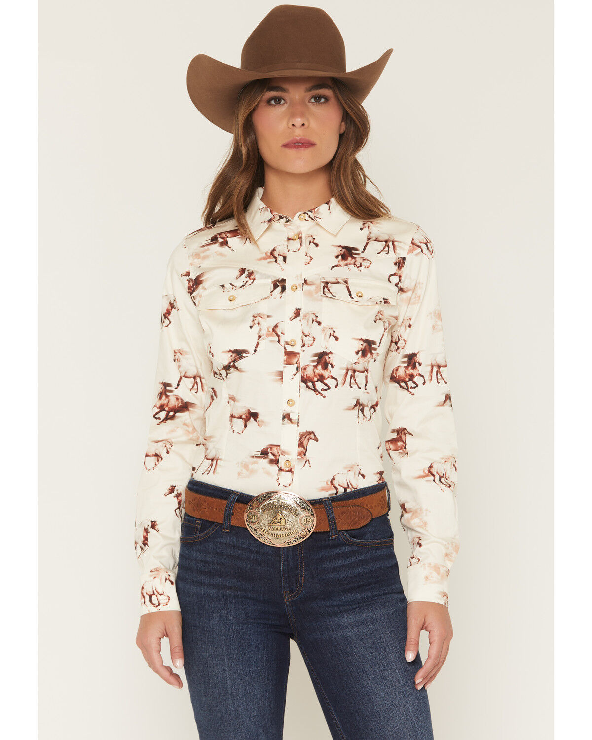 Shyanne Women's Horse Print Long Sleeve Button-Down Stretch Western Shirt, Cream, hi-res