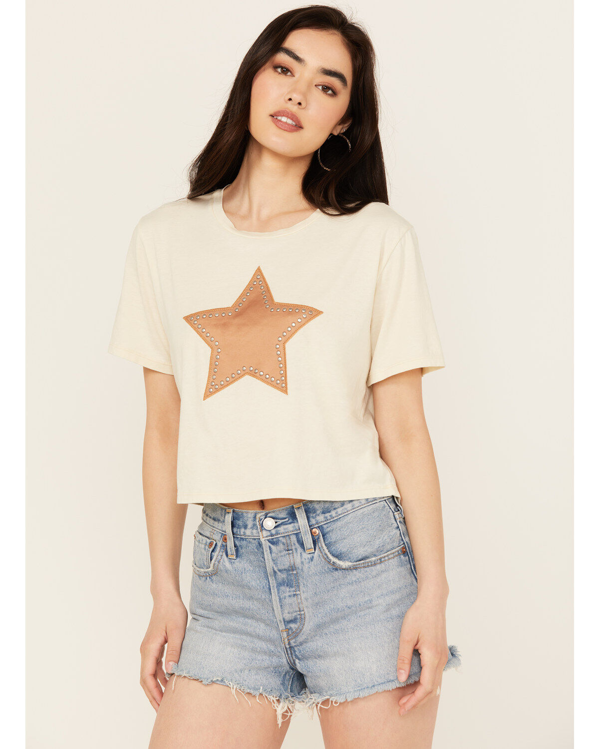 Image #1 - Rock & Roll Denim Women's Studded Star Short Sleeve Graphic Tee, Cream, hi-res