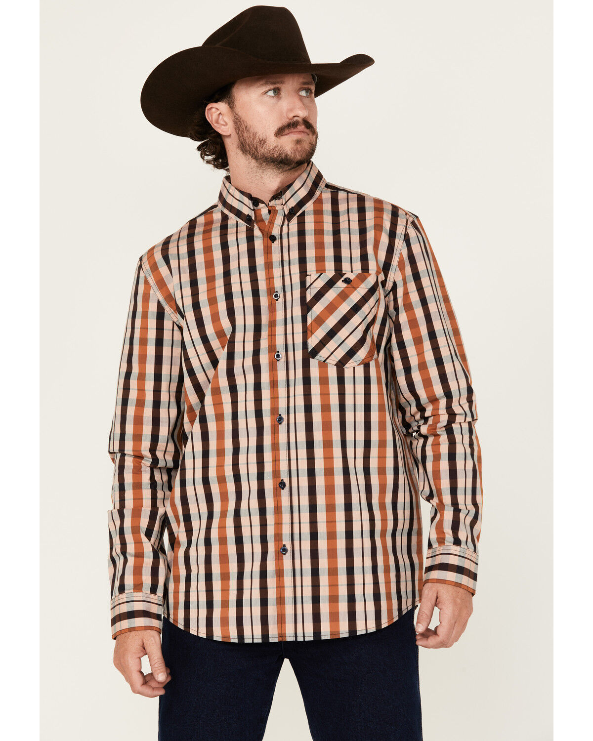 Image #1 - RANK 45&reg; Men's Dakota Plaid Print Long Sleeve Button-Down Performance Western Shirt, Brown, hi-res