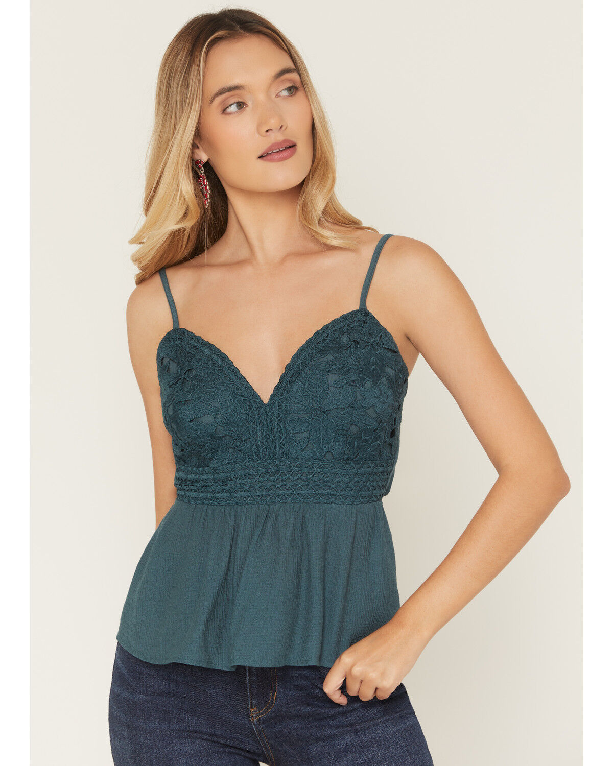 Shyanne Women's Crochet Front Sleeveless Top, Teal, hi-res