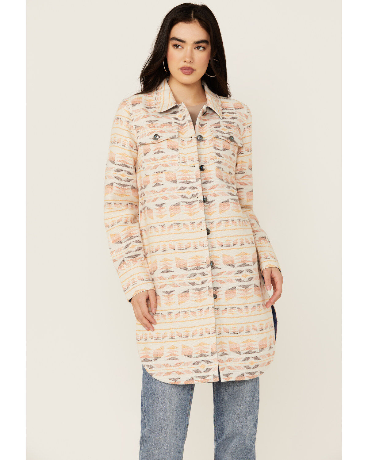 Shyanne Women's Southwestern Print Long Shacket, Off White, hi-res