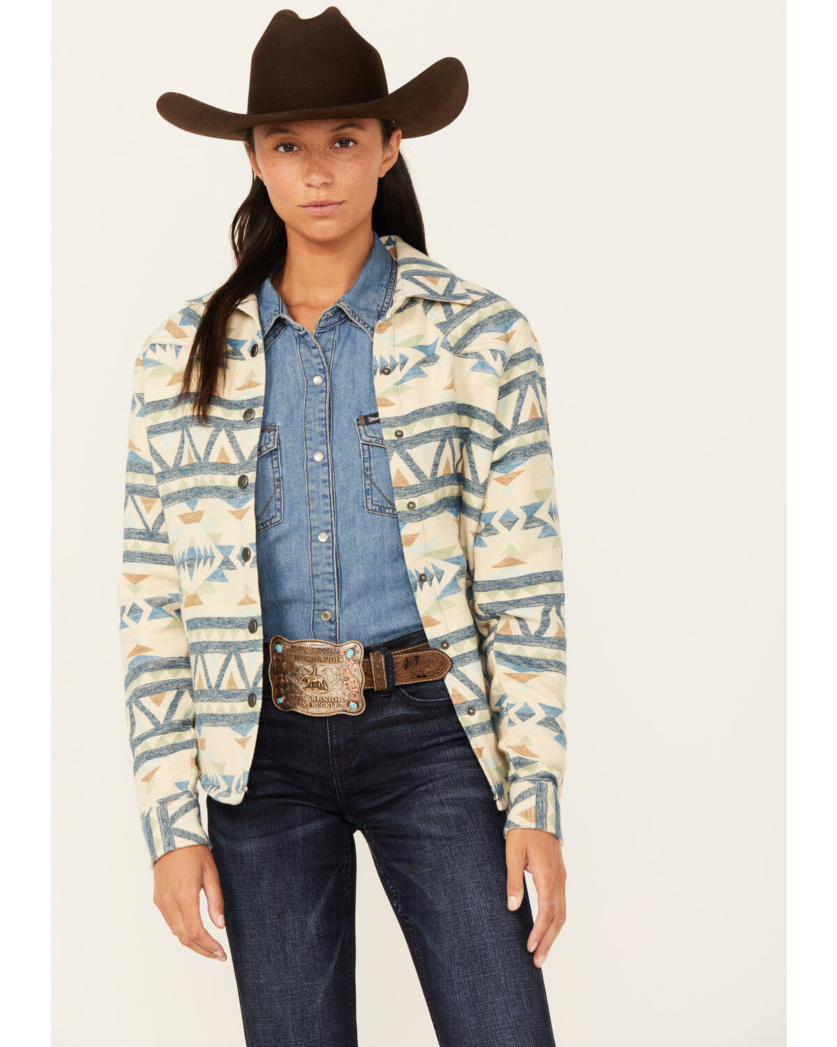 Outback Trading Co Women's Hazel Southwestern Print Long Sleeve Snap Western Shirt, Tan, hi-res