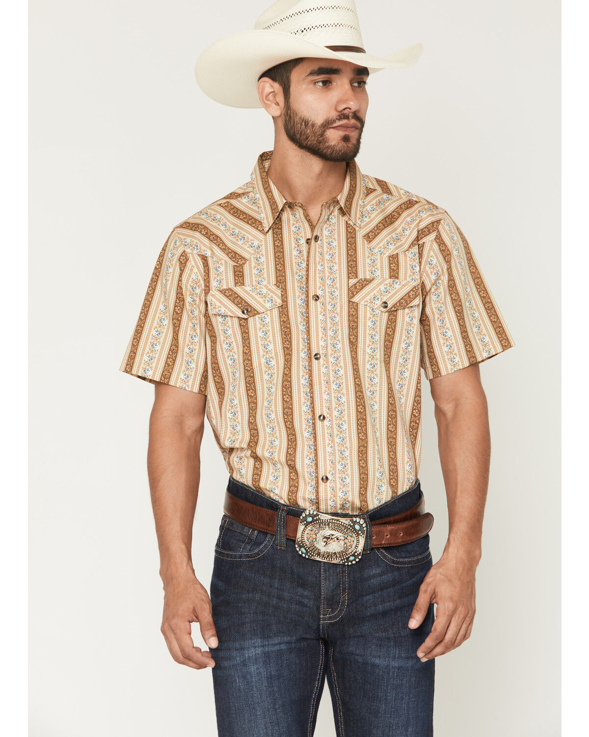 Image #1 - Gibson Trading Co Men's Calico Saloon Floral Striped Short Sleeve Snap Western Shirt, Cream, hi-res