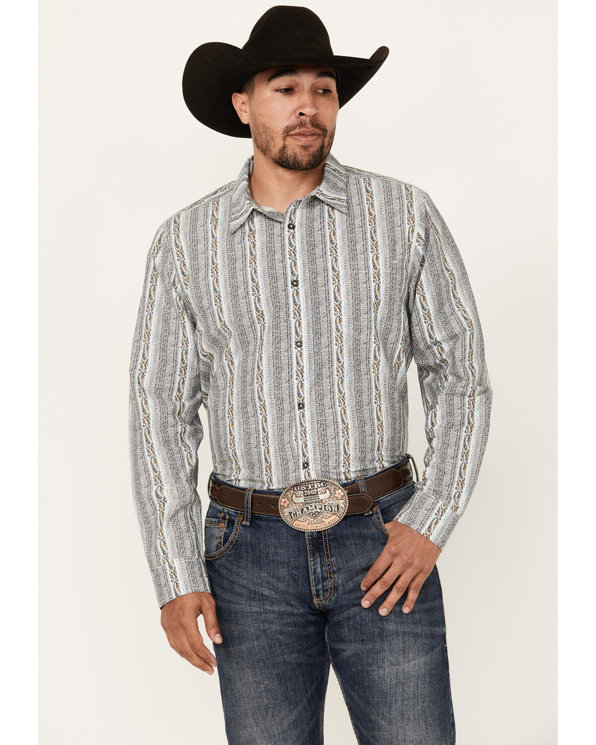 Image #1 - Gibson Trading Co Men's Rough Road Striped Print Long Sleeve Button-Down Western Shirt, White, hi-res