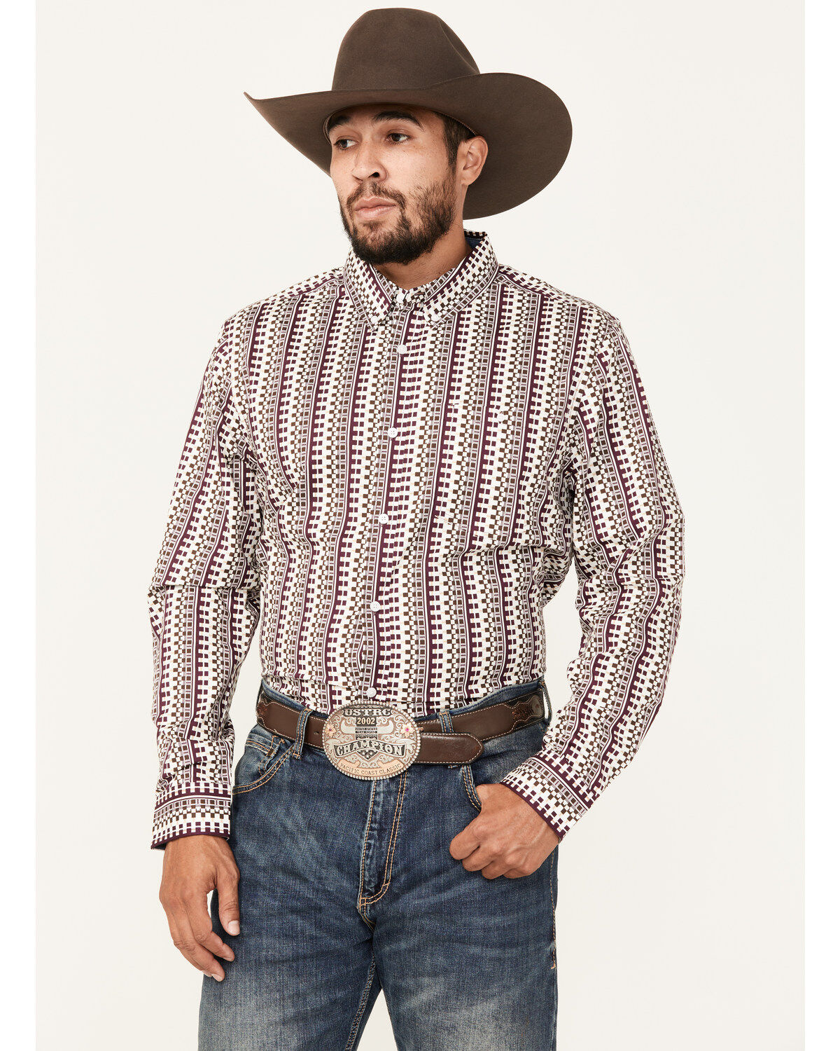 Image #1 - RANK 45&reg; Men's Railroad Geo Print Long Sleeve Button-Down Western Shirt, Grape, hi-res
