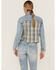 Image #3 - Cleo + Wolf Women's Oversized Plaid Mix Denim Cropped Jacket, Light Medium Wash, hi-res