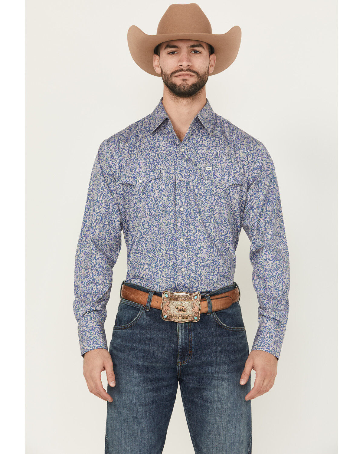 Ely Walker Men's Paisley Print Long Sleeve Pearl Snap Western Shirt, Navy, hi-res