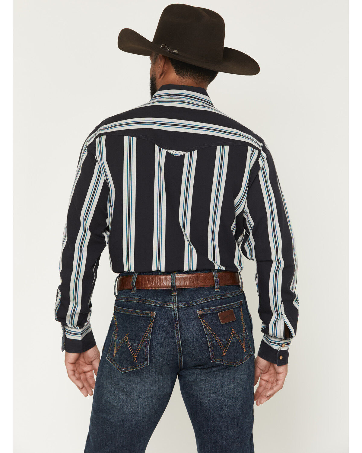 Image #4 - Wrangler Men's Boot Barn Exclusive Retro Stripe Print Long Sleeve Snap Western Shirt, Navy, hi-res