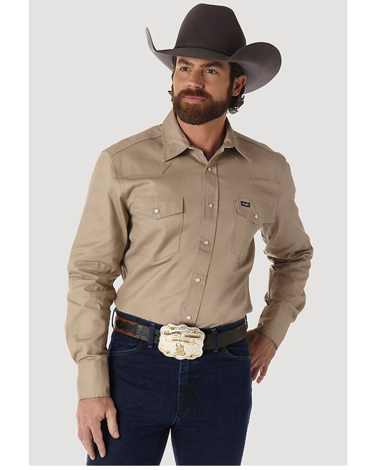 Wrangler Men's Solid Cowboy Cut Firm Finish Long Sleeve Work Shirt, Khaki, hi-res