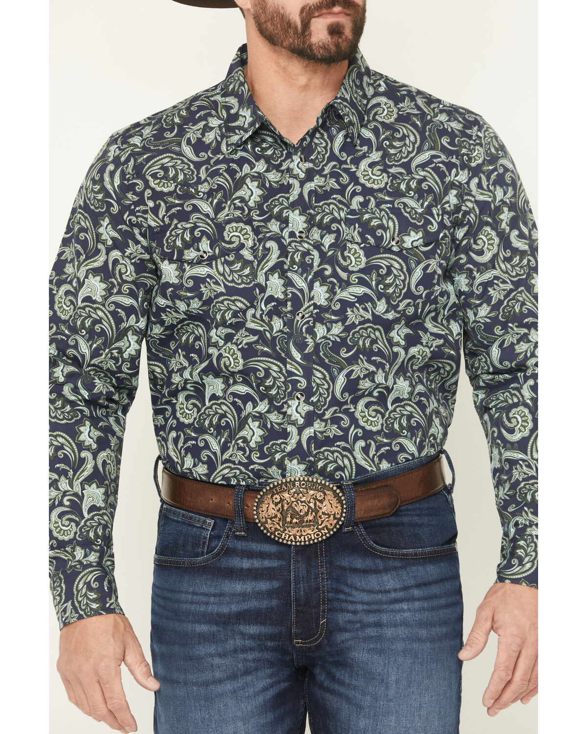 Image #3 - Gibson Trading Co Men's Hubert Floral Print Long Sleeve Snap Stretch Western Shirt, Navy, hi-res