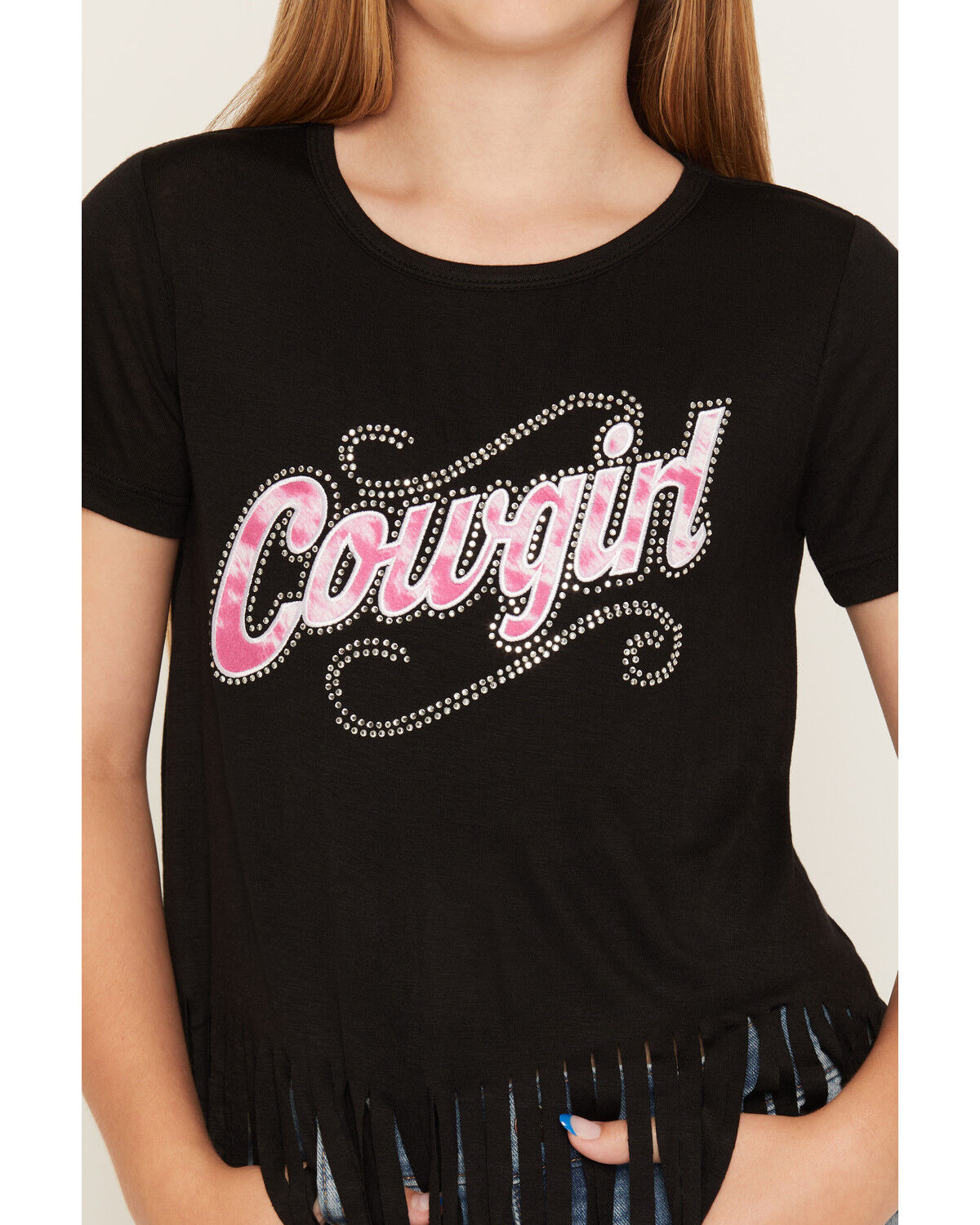 Image #3 - Cowgirl Hardware Girls' Sassy Cowgirl Embellished Fringe Short Sleeve Tee, Black, hi-res