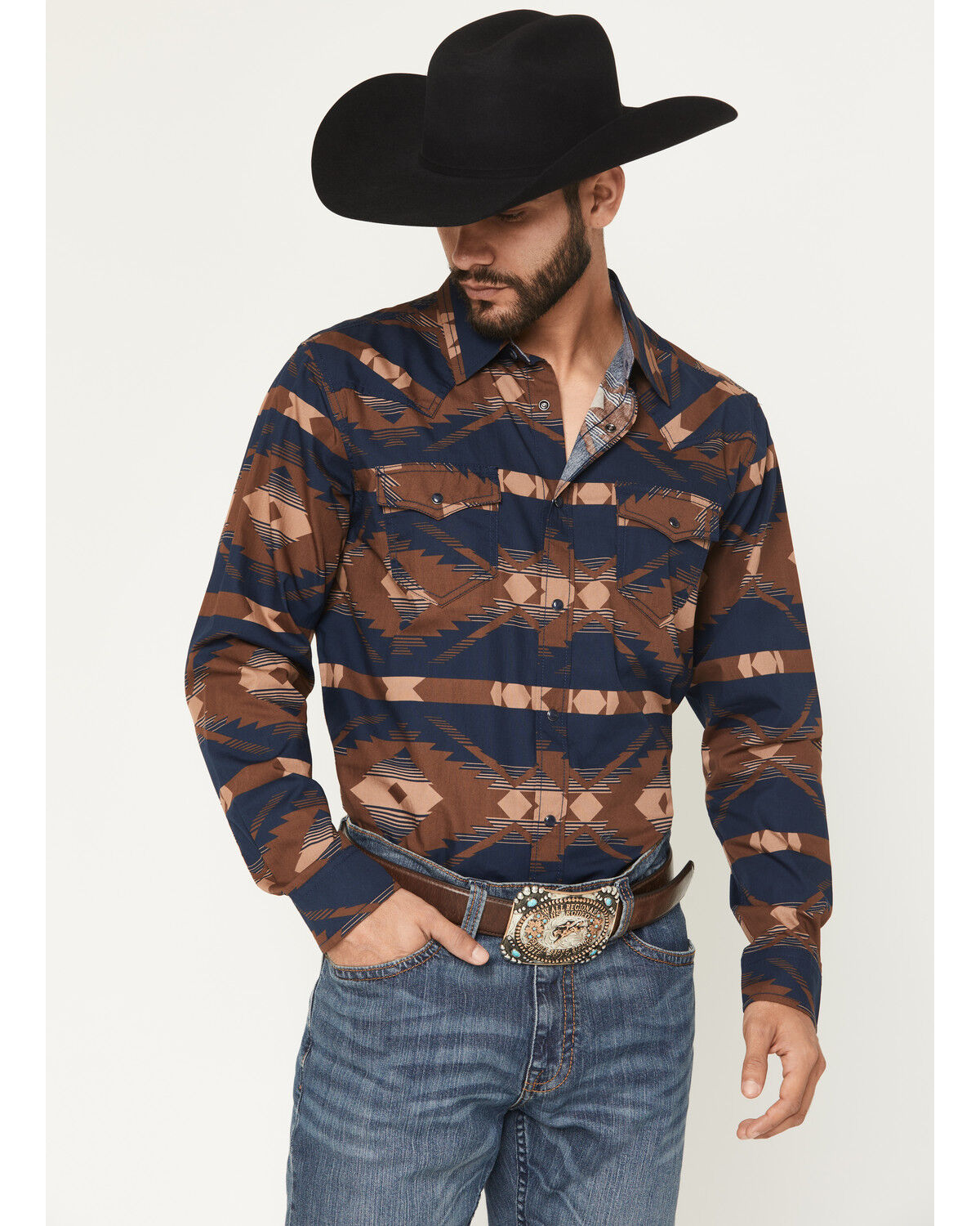 Cody James Men's Red River Range Southwestern Print Long Sleeve Snap Western Shirt, Burgundy, hi-res
