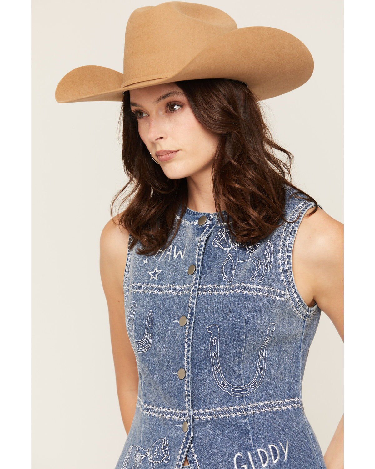 Image #2 - Blue B Women's Boot Barn Exclusive Embroidered Western Motif Denim Top, Medium Wash, hi-res