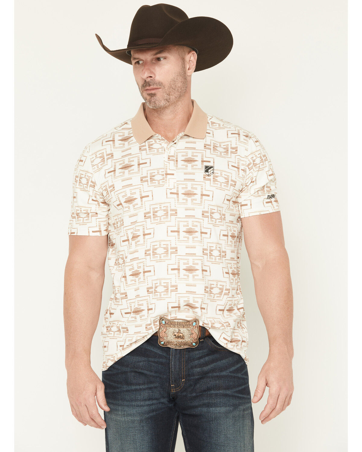 Image #1 - RANK 45&reg; Men's Shoot All Over Southwestern Print Short Sleeve Button-Down Polo, Oatmeal, hi-res